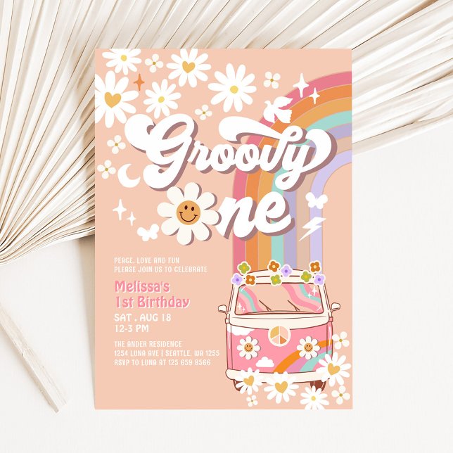 Invitación Groovy ONE Pink Daisy Rainbow Hippie Primer cumple (Subido por el creador)