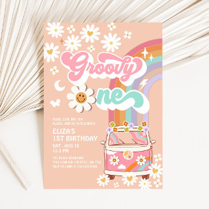 Invitación Groovy ONE Pink Daisy Rainbow Van cumpleaños 1