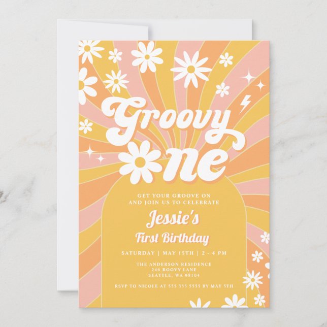Invitación Groovy One Pink Daisy Sunshine 70's Cumpleaños 1 (Anverso)