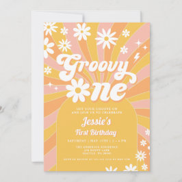 Invitación Groovy One Pink Daisy Sunshine 70's Cumpleaños 1