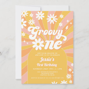 Invitación Groovy One Pink Daisy Sunshine, primer cumpleaños 