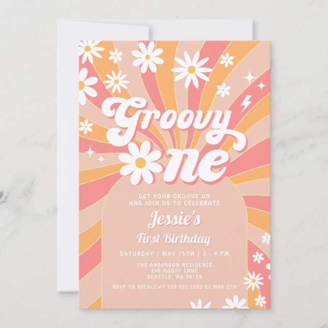 Invitación Groovy One Pink Daisy Sunshine Retro Primer cumple (Anverso)