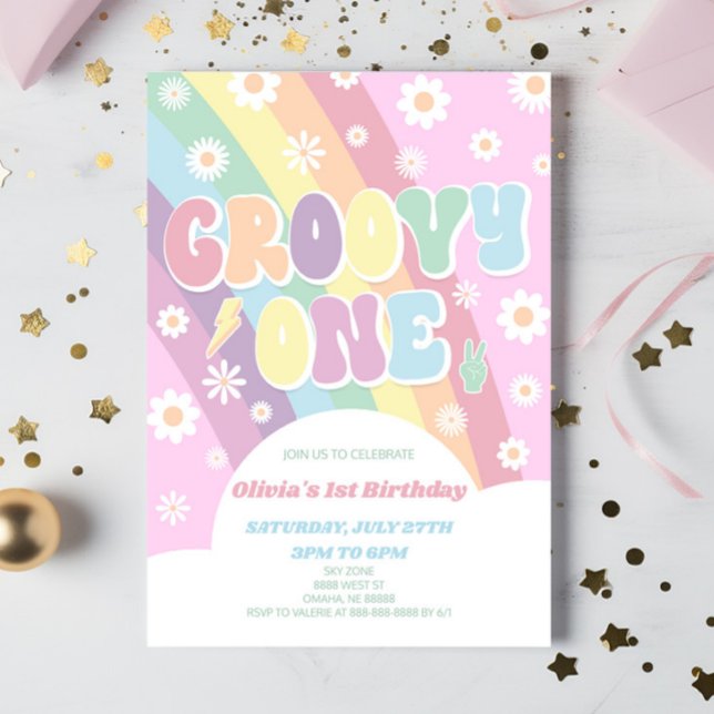 Invitación Groovy One Rainbow Daisy Retro Primer Fiesta de cu (Subido por el creador)