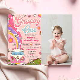 Invitación Groovy One Rainbow Floral Primer cumpleaños foto F