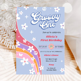 Invitación Groovy One Rainbow Floral Primer Fiesta de cumplea