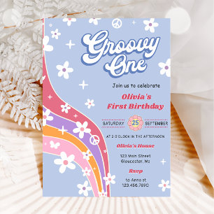 Invitación Groovy One Rainbow Floral Primer Fiesta de cumplea