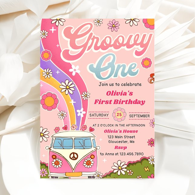 Invitación Groovy One Rainbow Floral Primer Fiesta de cumplea (Subido por el creador)