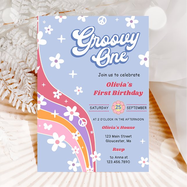 Invitación Groovy One Rainbow Floral Primer Fiesta de cumplea (Subido por el creador)