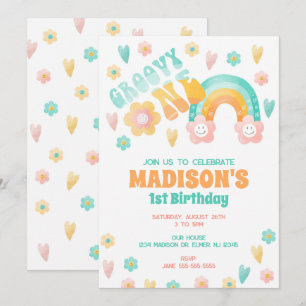Invitación Groovy One Rainbow Flower Cumpleaños Retro 70s 1º