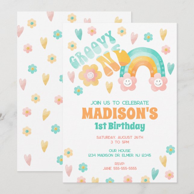 Invitación Groovy One Rainbow Flower Cumpleaños Retro 70s 1º (Anverso / Reverso)