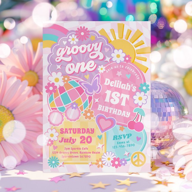 Invitación Groovy One Rainbow Sunshine Primer Fiesta de cumpl (Subido por el creador)