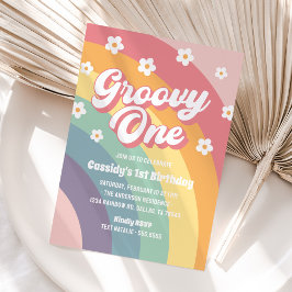 Invitación Groovy One Retro 70's Rainbow Daisy Primer cumplea