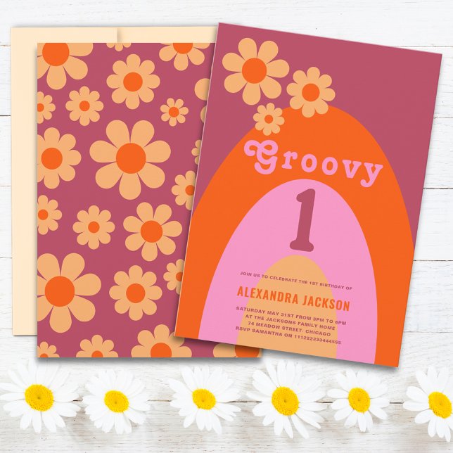 Invitación Groovy One Retro Daisy Arco Cumpleaños 1st Fiesta (Groovy 1 retro daisy arch orange and pink 1st birthday party invitation )