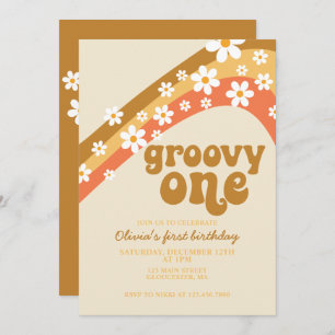 Invitación Groovy One Retro daisy boho floral primer cumpleañ