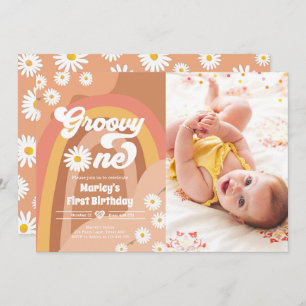 Invitación Groovy One Retro Daisy Boho Hippie Primer cumpleañ