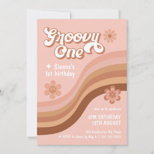 Invitación Groovy One Retro Daisy Chica Rosa Primer cumpleaño