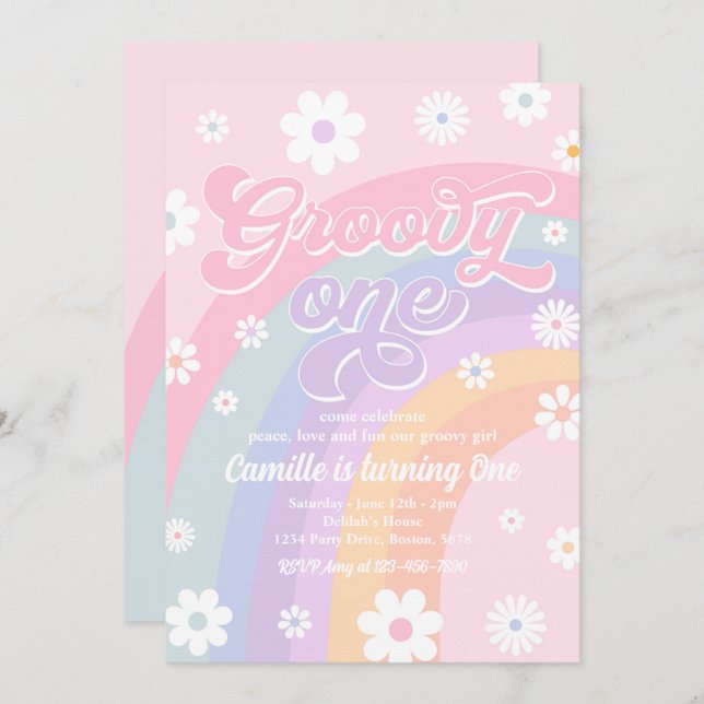 Invitación Groovy One Retro Daisy Pastel Rainbow Birday (Anverso / Reverso)