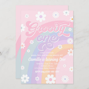 Invitación Groovy One Retro Daisy Pastel Rainbow Birday