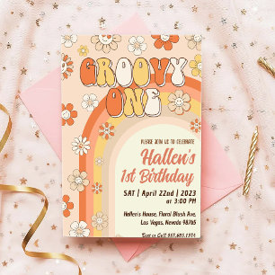 Invitación Groovy One Retro Daisy Rainbow First Birday