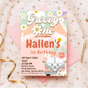Invitación Groovy One Retro Daisy Rainbow First Birday