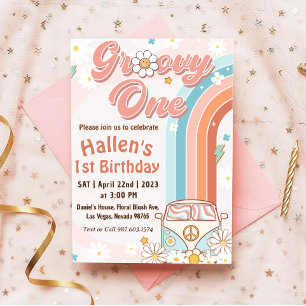 Invitación Groovy One Retro Daisy Rainbow First Birday