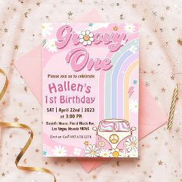 Invitación Groovy One Retro Daisy Rainbow First Birday