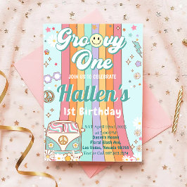 Invitación Groovy One Retro Daisy Rainbow First Birday