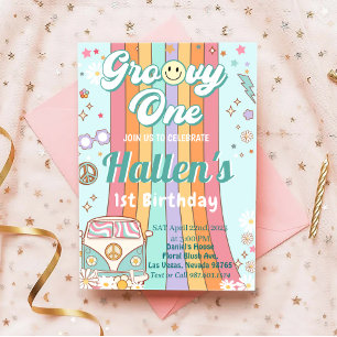 Invitación Groovy One Retro Daisy Rainbow First Birday