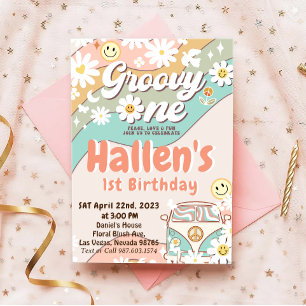Invitación Groovy One Retro Daisy Rainbow First Birday