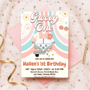 Invitación Groovy One Retro Daisy Rainbow First Birday
