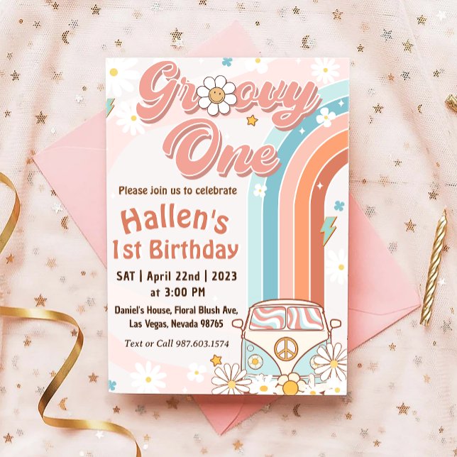 Invitación Groovy One Retro Daisy Rainbow First Birday (Subido por el creador)