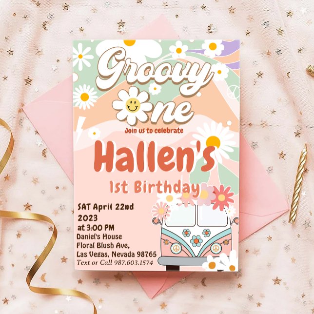 Invitación Groovy One Retro Daisy Rainbow First Birday (Subido por el creador)