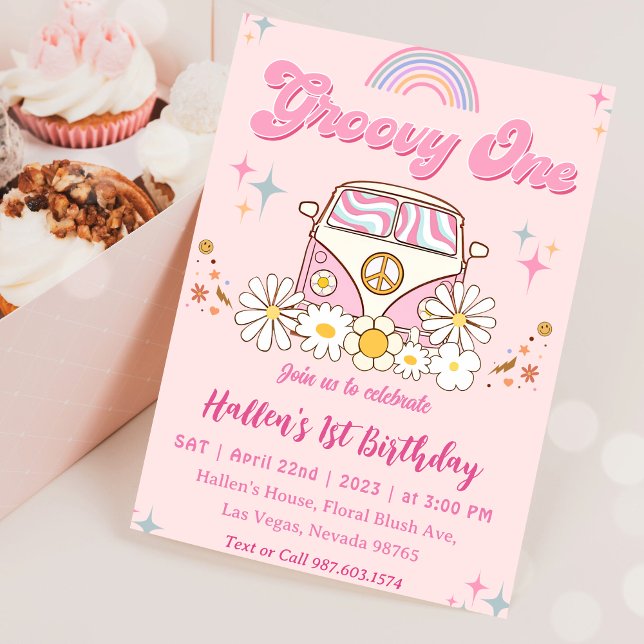 Invitación Groovy One Retro Daisy Rainbow First Birday (Subido por el creador)