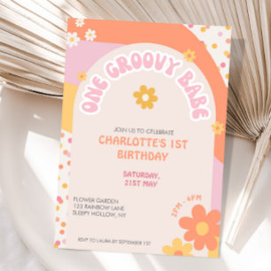 Invitación Groovy One Retro Daisy Rainbow Niña Cumpleaños Núm