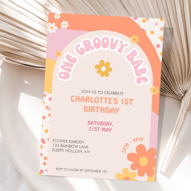 Invitación Groovy One Retro Daisy Rainbow Niña Cumpleaños Núm (Subido por el creador)