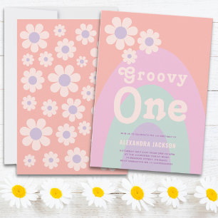 Invitación Groovy One Retro Daisy Rainbow Primer Fiesta de cu