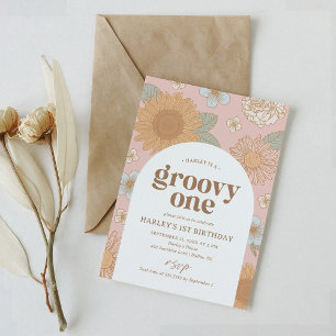Invitación Groovy One Retro Floral Primer cumpleaños