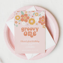 Invitación Groovy One Retro Floral primer cumpleaños