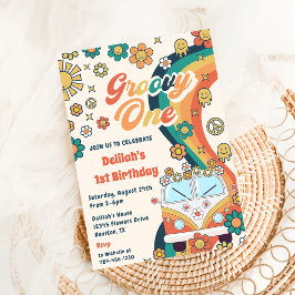 Invitación Groovy One Retro Floral Primer Fiesta de cumpleaño
