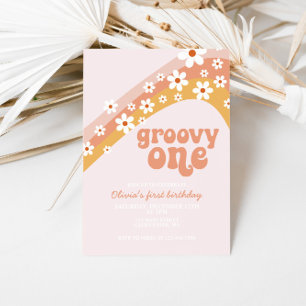 Invitación Groovy One Retro margarita boho floral primer cump