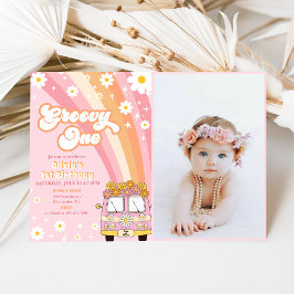 Invitación Groovy One Retro Rainbow 1er cumpleaños foto