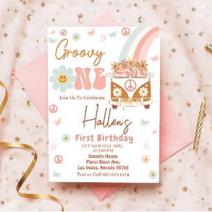 Invitación Groovy One Retro Rainbow First Birday