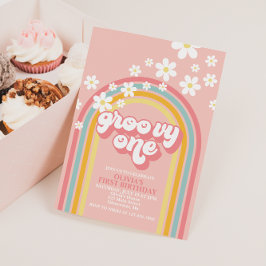 Invitación Groovy One Retro Rainbow Primer cumpleaños