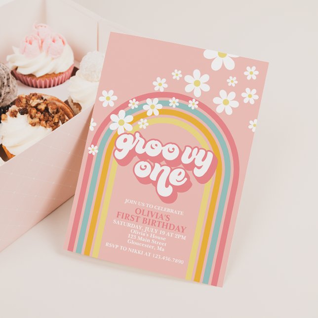 Invitación Groovy One Retro Rainbow Primer cumpleaños (Subido por el creador)
