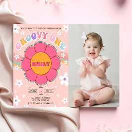 Invitación Groovy One Retro Rainbow Primer cumpleaños foto Fi