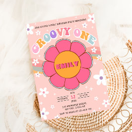 Invitación Groovy One Retro Rainbow Primer Fiesta de cumpleañ