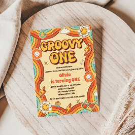 Invitación Groovy One Retro Rainbow Primer Fiesta de cumpleañ