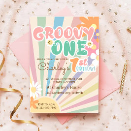 Invitación Groovy One Retro Sunshine Daisy Boho 1er cumpleaño