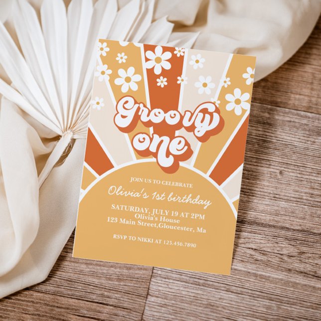 Invitación Groovy One Retro Sunshine margarita boho floral (Subido por el creador)