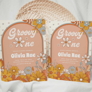 Invitación Groovy One Retro Tema Primer cumpleaños